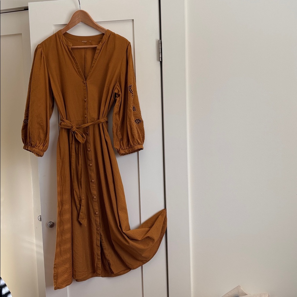 H&M Mustard Linen Cotton Dress belted button-down Dress Size M EUC